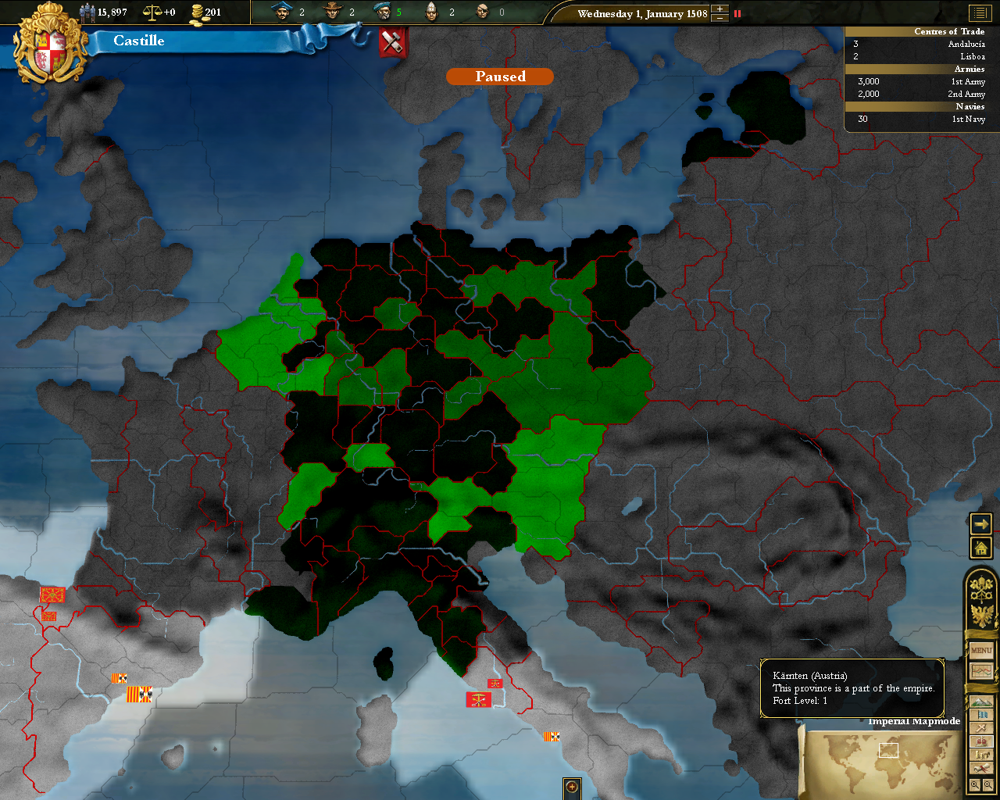 Europa Universalis III (Windows) screenshot: Holy Roman Empire map overlay, the emperor in bright green, electors in medium green, and all other provinces belonging to the HRE in dark green.