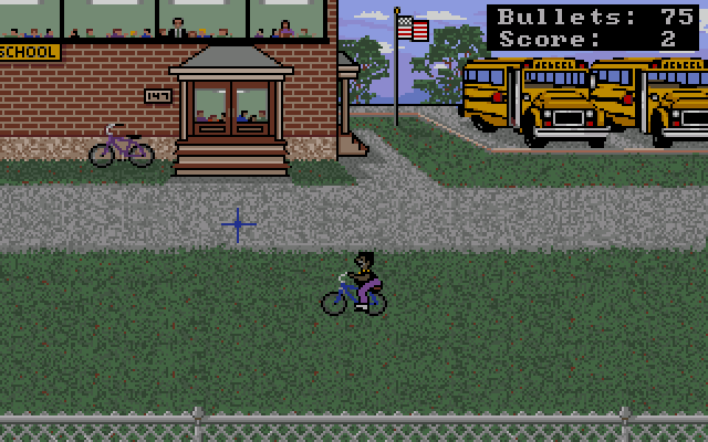 Schoolyard Slaughter (Amiga) screenshot: A kid rides his bicycle through the line of fire.