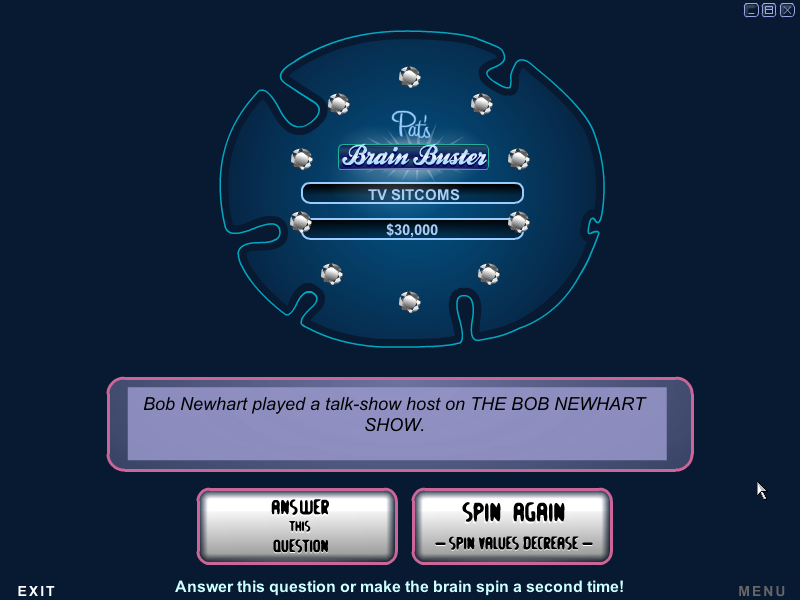 Pat Sajak's Trivia Gems (Windows) screenshot: After spinning the wheel in the "mini-game", you can choose to answer the question or spin again (up to 3 spins).