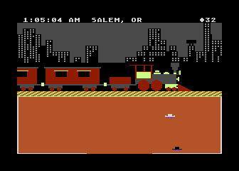 Agent USA (Atari 8-bit) screenshot: The train arrives in Salem, OR
