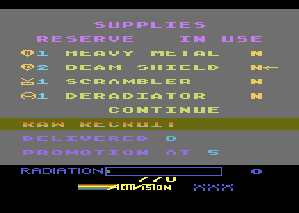 Pastfinder (Atari 8-bit) screenshot: Select any supplies you'd like to equip your ship with