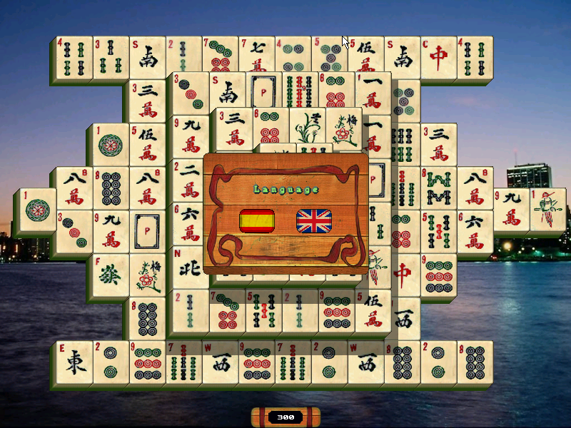 Mahjongg (Windows) screenshot: Language choice, over a default game