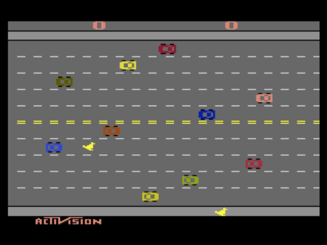 A Collection of Activision Classic Games for the Atari 2600 (PlayStation) screenshot: Through an intense traffic, your job is to help the chicken cross the road successfully (Freeway)!