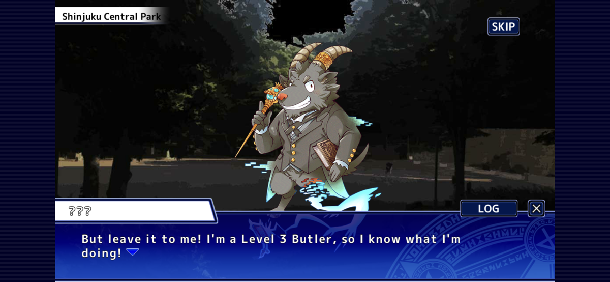 Tokyo Afterschool Summoners (iPhone) screenshot: Ah. A weird thing appeared. Is a level 3 butler considered high level?