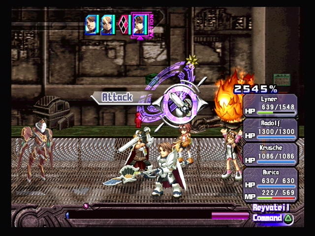 Ar tonelico: Melody of Elemia (PlayStation 2) screenshot: Battle; Aurica prepares some fire magic