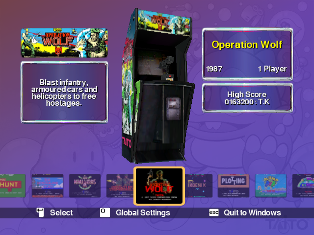 Taito Legends (Windows) screenshot: Each game features a rendering of its original cabinet including additional material such as guns and/or scopes.