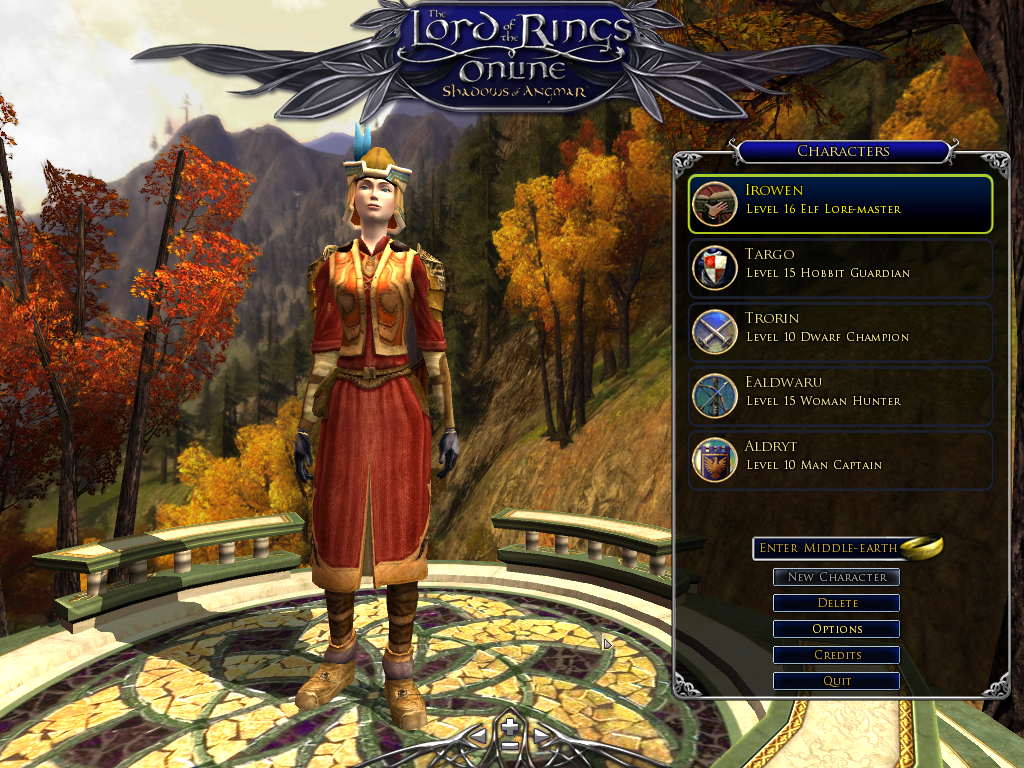 The Lord of the Rings Online: Shadows of Angmar (Windows) screenshot: The character selection and creation screen lets you choose between your characters and create new ones