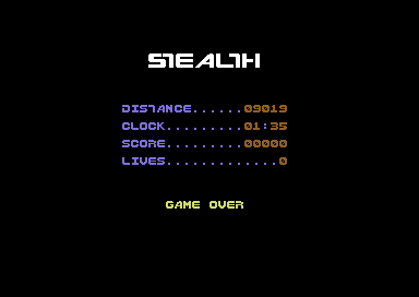 Stealth (Commodore 64) screenshot: Game over -- mission stats