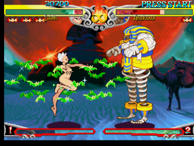 Darkstalkers 3 (PlayStation) screenshot: This time, the major menace to Anakaris' jump maneuver is Lilith Aensland's EX Move Splendor Love...