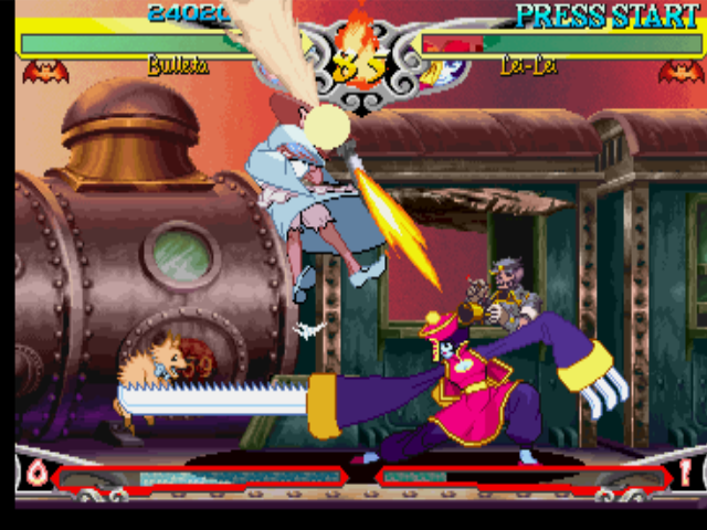 Darkstalkers 3 (PlayStation) screenshot: Using her move Happy Missile, Bulleta (B.B. Hood) strikes back Lei-Lei's (Hsien-Ko's) handsaw punch.