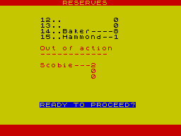 Champions! (ZX Spectrum) screenshot: Reserves and Injury list