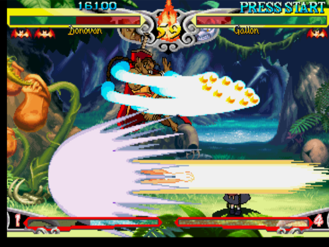 Darkstalkers 3 (PlayStation) screenshot: Gallon (J. Talbain) executes his move Beast Cannon against Donovan Baine, that escapes using a jump.