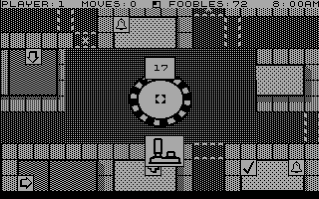 Fooblitzky (DOS) screenshot: Spin the wheel to see how far you can move... (CGA with RGB monitor)