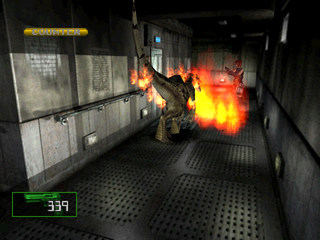 Dino Crisis 2 (PlayStation) screenshot: This sub-weapon creates a firewall blocking incoming enemies.