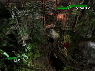 Dino Crisis 2 (PlayStation) screenshot: Regina using her pistol against a raptor.