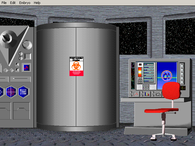 G-Netix (Windows 3.x) screenshot: Inside the space laboratory, with different tools including an incubation chamber