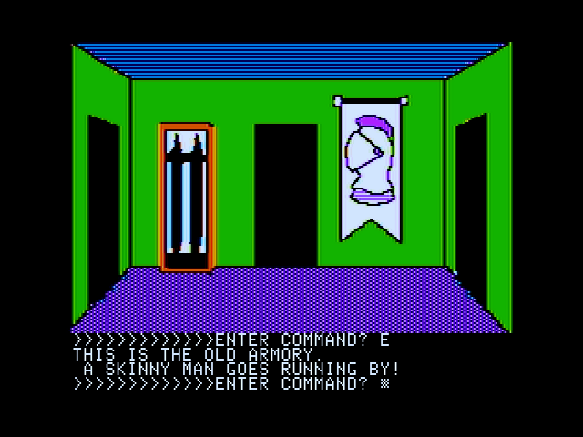 The Demon's Forge (Apple II) screenshot: A skinny man runs by!