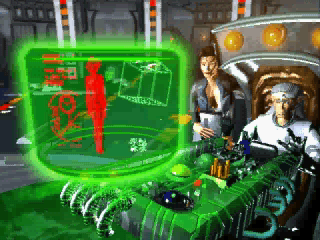 Time Commando (SEGA Saturn) screenshot: Intro shot 3. I can't be certain, but the girl on the left of the professor is the protagonist's girlfriend.