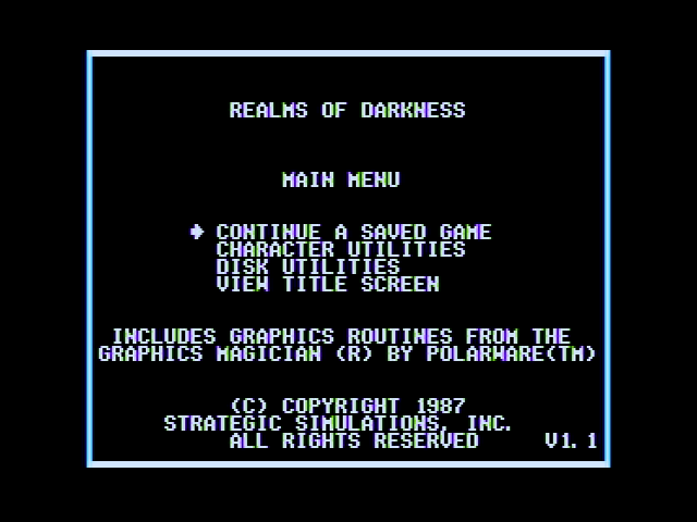 Realms of Darkness (Apple II) screenshot: The main menu