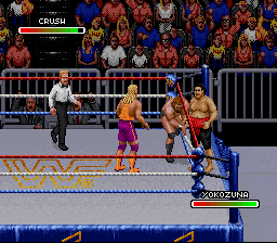 WWF Royal Rumble (SNES) screenshot: Switching partners during tag team match.