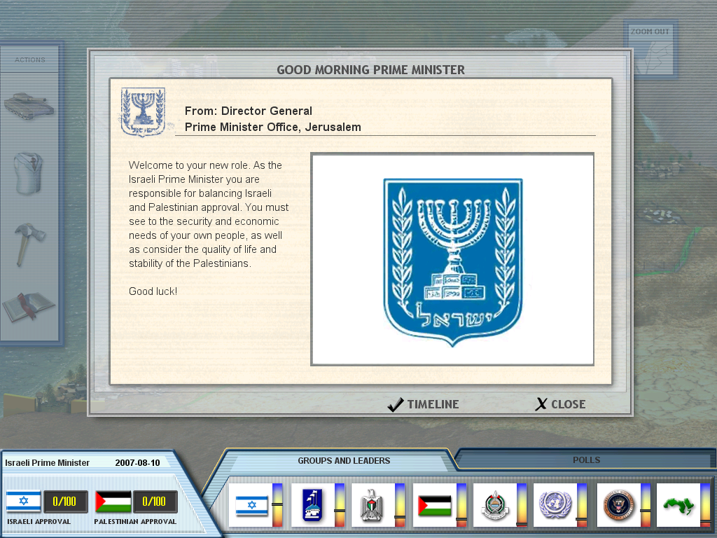 PeaceMaker (Windows) screenshot: First briefing screen when playing as the Israeli Prime Minister