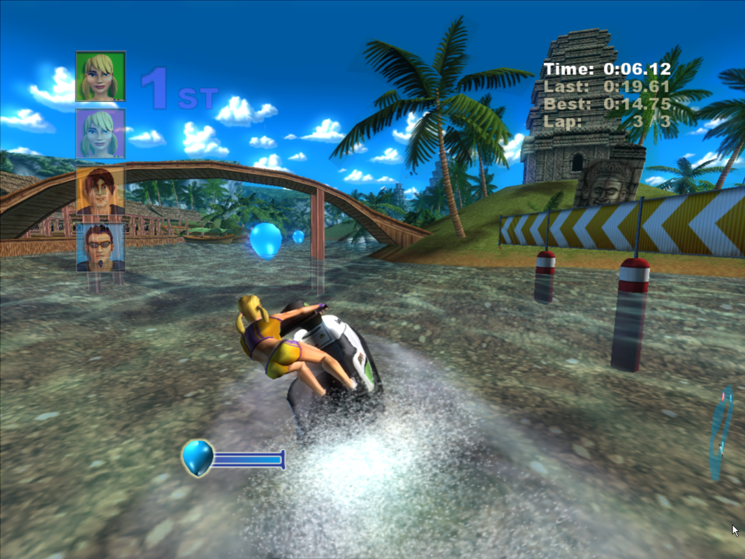 Kawasaki Jet Ski (Windows) screenshot: Look out for objects you can collide with in the water. Also look out for cute fluffy clouds in the background.