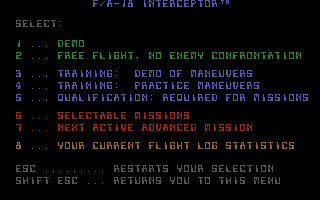 F/A-18 Interceptor (Amiga) screenshot: Main menu