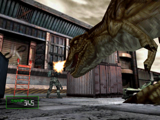 Dino Crisis 2 (PlayStation) screenshot: Dylan fighting the T-Rex.