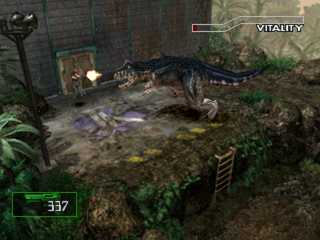 Dino Crisis 2 (PlayStation) screenshot: Regina meeting the first Allosaurus.