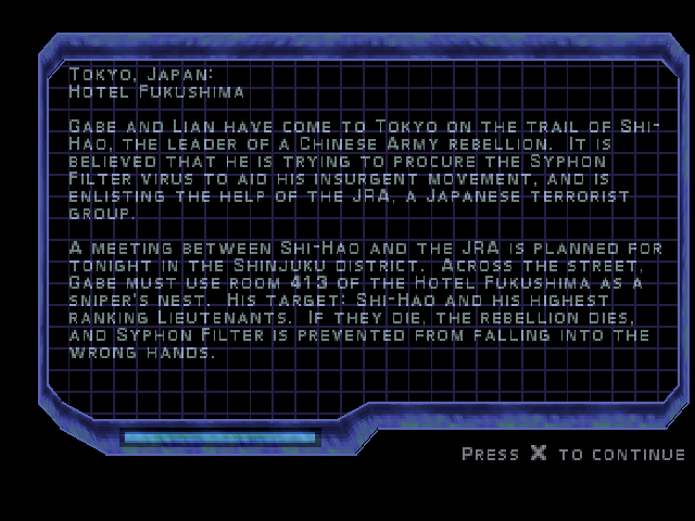 Syphon Filter 3 (PlayStation) screenshot: Mission briefing