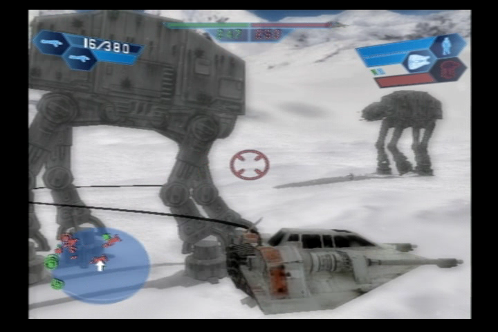 Star Wars: Battlefront (PlayStation 2) screenshot: In the secondary position in the Snowspeeder, harpoon with the tow cable to wrap up the legs of an AT-AT. Make sure you have a pilot though!