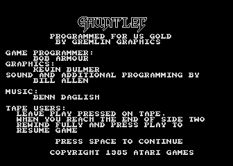 Gauntlet (Atari 8-bit) screenshot: Credits screen