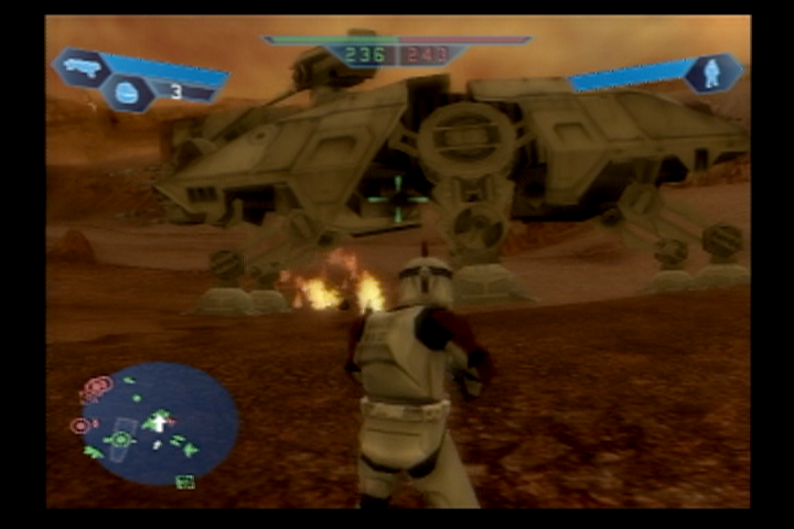 Star Wars: Battlefront (PlayStation 2) screenshot: The AT-TE may be slow, but it can take some damage as well as deliver some.