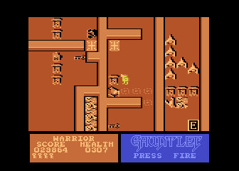 Gauntlet (Atari 8-bit) screenshot: Some different kinds of floor tiles hold surprises if you dare to walk on them