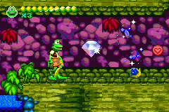 Frogger Advance: The Great Quest (Game Boy Advance) screenshot: Collect giant gems along the way by following the blue coins