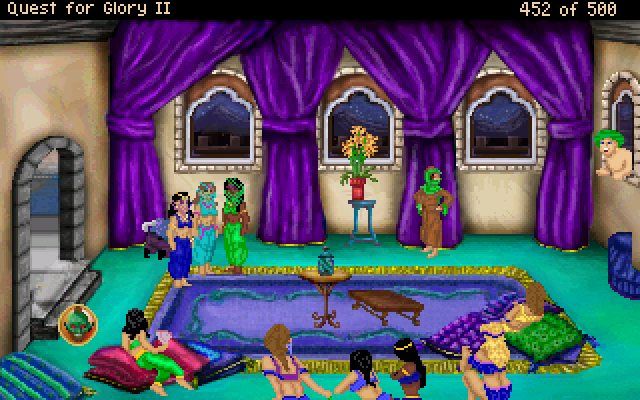 Quest for Glory II: Trial by Fire (Windows) screenshot: The harem - a colorful room, annoyingly heterosexual girls (and harems were also a haven for secret lesbianism), but don't you get the impression that they are a bit out of proportion?