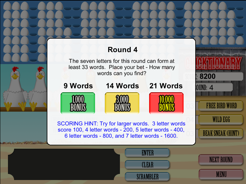 Fowl Words: Farm Fresh Goodness (Windows) screenshot: Selecting the type of bonus you try to get (if you select the first, but get 14 words, you won't receive the second bonus)