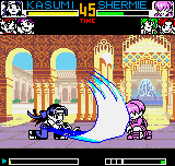 King of Fighters R-2 (Neo Geo Pocket Color) screenshot: Taking advantage of the moment that Shermie is ducked and defenseless, Kasumi throws her Kasane Ate