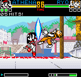 King of Fighters R-2 (Neo Geo Pocket Color) screenshot: During the battle against Ryo, Athena connects her move Psycho Sword in him: it's a stroke of luck!