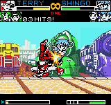 King of Fighters R-2 (Neo Geo Pocket Color) screenshot: Terry Bogard applies a good dose of anti-air damage in Shingo through his feet move Rising Tackle!
