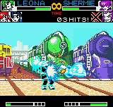 King of Fighters R-2 (Neo Geo Pocket Color) screenshot: Orochi Shermie has found Leona in a defenseless moment and quickly does her DM Electric Blast Kick.