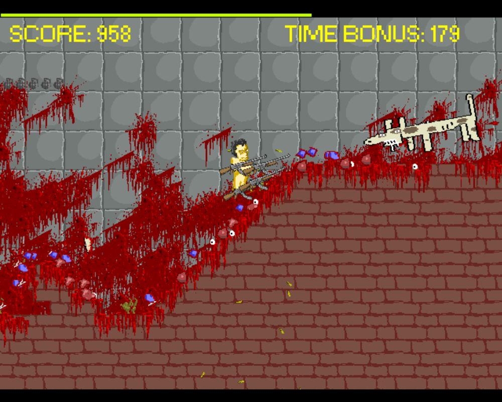 Gunlimb (Windows) screenshot: Trying not to slip on the gibs, I eventually conclude that the enemies are getting stranger and stranger... but still don't hold a candle to the protagonist!