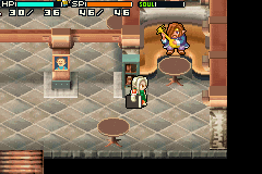 Shining Soul II (Game Boy Advance) screenshot: Meet a variety of people, such as this guy playing a lute (or something similar)