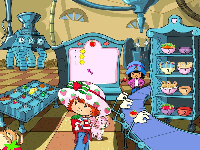 Strawberry Shortcake: Amazing Cookie Party (Windows) screenshot: A finished cookie coming down the conveyor belt - the mechanical hands seize the cookies and throw them into the baskets at right. They never miss!