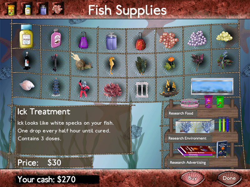 Fish Tycoon (Windows) screenshot: Buying supplies - only the cheapest are affordable at the start