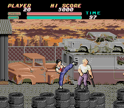 Vigilante (TurboGrafx-16) screenshot: Fighting in the junk yard