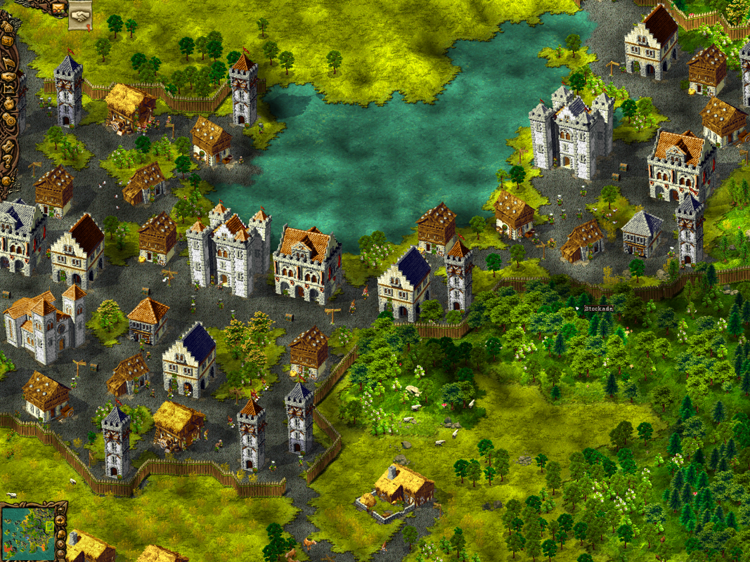 Cultures 2: The Gates of Asgard (Windows) screenshot: The layouts are always logical in all of the campaigns. Farms lie in the outskirts of keeps with occasional dwellings in the wilderness.