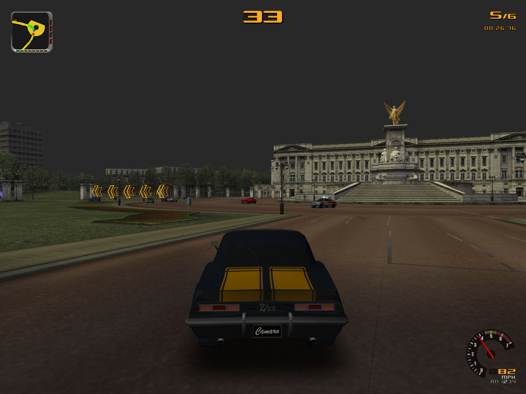 Test Drive (Windows) screenshot: The police of each city are naturally in theme with their surroundings. Sadly they all share the awfully sampled siren noise which could possibly be the worst I've ever heard in a game.