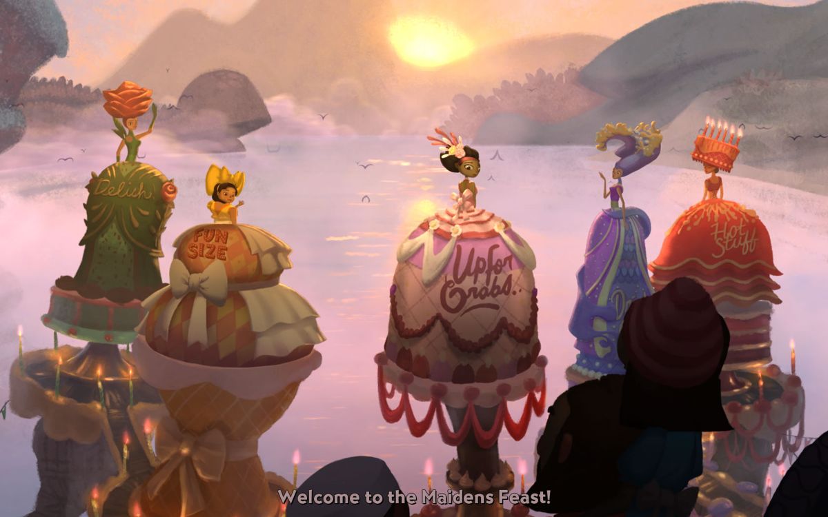 Broken Age (Windows) screenshot: Vella with four other candidates at the Maiden's Feast.