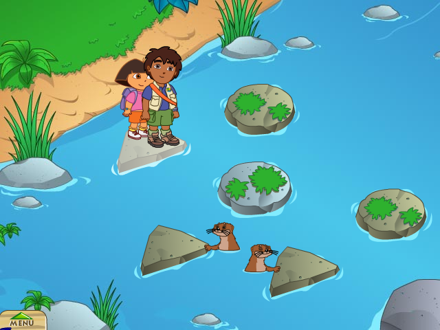 Go, Diego, Go! Wolf Pup Rescue (Windows) screenshot: Grateful otters point out the safe rocks to jump on